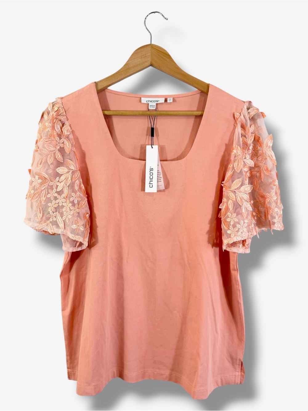 Chico’s Coral Knit Top Size 2 (US L) Floral Mesh Sleeve Square Neck T-Shirt
